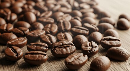 Close-up view of aromatic roasted coffee beans scattered on a wooden surface, selective focus. Concept for coffee shop menus, morning beverage advertising and gourmet product packaging