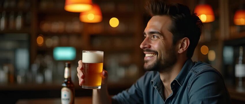 Portrait of a smiling man sipping golden beer from glass at a cozy pub bar highlighting relaxed expression warm lighting and authentic social ambiance in  Photo Stock  Concept  and empty space on the  - Powered by Adobe