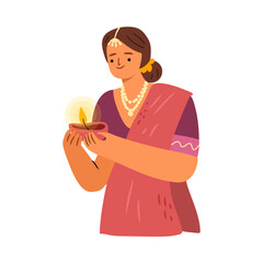 Woman in traditional Indian attire carrying Diya in hand. Vector isolated female character holding oil or kerosene lamp in hands. Hindu festival of light, diwali preparing and celebration