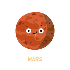 Mars character with cute and funny face sticking out tongue. Vector in flat style, isolated personage of solar system. Card or sticker for children to learn astronomy and celestial bodies