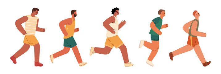 Athletes taking part in marathon. Vector in flat style, isolated set of people, group of men running and keeping active lifestyle. Participating in healthy competition, jogging in morning