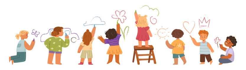 Preschoolers painting on wall, isolated set of children with colorful pencils or oil crayons. Vector in flat style, drawings of nature and home. Creativity and imagination skills development