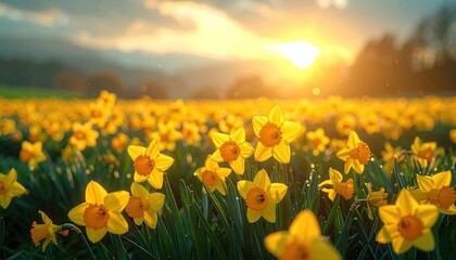 Daffodil Field at Sunset with Golden Light and Lush Green Grass Landscape and Blurry Mountains in Background and Warm Glow and Bokeh