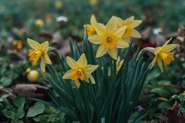 Bright yellow Narcissus blooms amid garden greenery, showcasing floral beauty and vibrant leaves