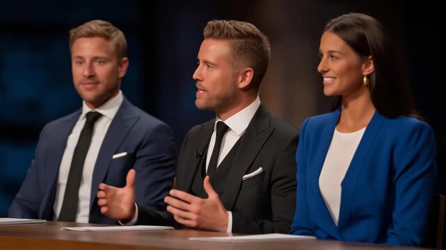 Panel of judges in glamorous attire giving expressive reactions while reviewing contestants&rsquo; performances, representing entertainment evaluation, scoring, feedback, jury decision-making, and
