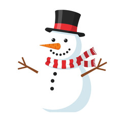 Cheerful snowman character wearing a black top hat.