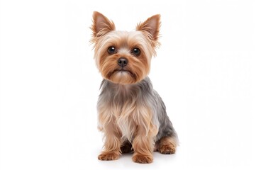 Small dog sitting post-grooming, staring into the lens on a plain white backdrop