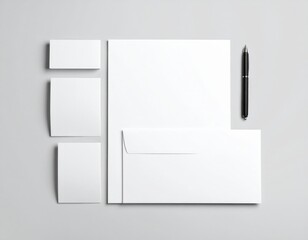 Blank Stationery Set Mockup on Light Grey Background for Business Branding with Overhead View