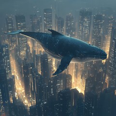 A surreal image of a giant whale gracefully floating above a modern cityscape at night. The illuminated skyscrapers contrast with the majestic creature, creating a dreamlike atmosphere.