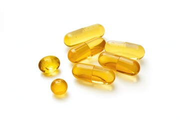Soft gelatin capsules filled with yellow oily vitamin supplements