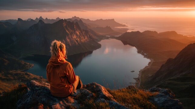 Woman sitting on cliff admiring fjord at sunset - Powered by Adobe