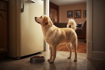 Golden retriever patiently waits indoors