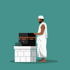 Muslim Man in White Ihram Touching the Kaaba in Mecca