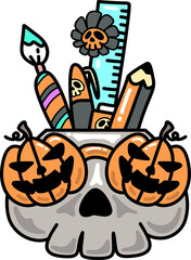 Halloween Skull Stationery Holder Clipart, Creative Pumpkin Art Tools, Festive Spooky Design