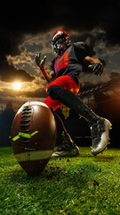American football player kicking ball on 3D field at sunset with determination. Concept of goal, drive, and sports leadership for fitness, branding, and educational campaigns. © Lustre Art Group 