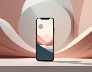 Smartphone Displaying Abstract Landscape In Front Of Pastel Backdrop With Geometric Design