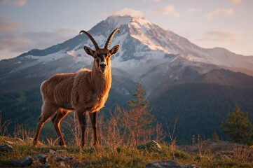 Fototapeta premium Juvenile mountain goat near snowy peak during dusk