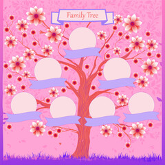 Family tree with decorative leaves in pink tones. Family tree of three generation. Grandparents, parents, children. Vector illustration. A beautifully crafted family tree illustration with banners