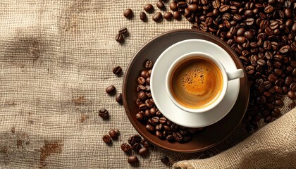 Daylight Flat Lay of Roasted Coffee Beans Bordering Kraft Paper with Coffee Cup