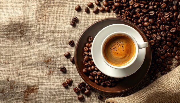 Daylight Flat Lay of Roasted Coffee Beans Bordering Kraft Paper with Coffee Cup - Powered by Adobe
