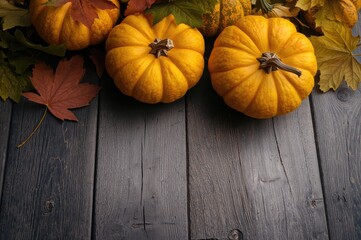 Autumn harvest with orange gourds on rustic wood surface