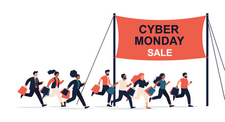 Diverse Crowd Running to Cyber Monday Sale Banner