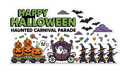 Happy Halloween Haunted Carnival Parade: Whimsical illustrations depict a joyful haunted carnival parade, filled with spooky elements of the season.