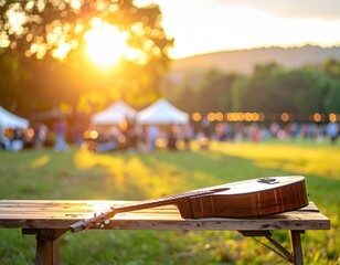 Wooden Mandolin Resting On A Rustic Table Against Golden Sunset And Blurred Crowd