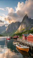 Scandinavian Fjord Cabins at Sunrise with Dramatic Mountains and Calm Waters