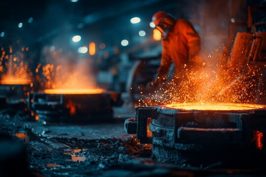 A striking close-up of molten metal being poured in a foundry, with sparks flying and creating a dynamic and industrial scene, showing hard work and precision.