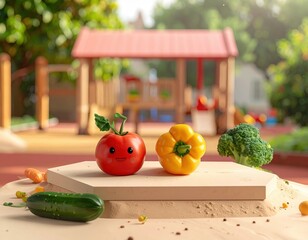 Animated Vegetables Displayed On A Stand In A Playground With Blurry Background and Sunlight