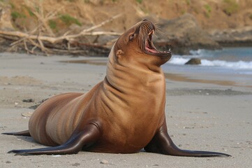 Obraz premium Sea lion (Procurators hookeri) yawning on a coastal beach