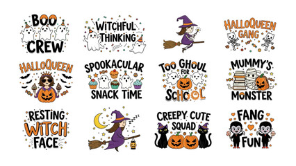 Fototapeta premium Spooktacular Halloween Typography: A collection of charming Halloween-themed illustrations, featuring phrases for the spooky season, perfect for festive design.