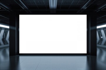 Tall digital interactive whiteboard at a tech exhibit with a sleek sci-fi design. Blank white screen, mockup, innovation, space for text, futuristic theme, technology idea