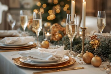 Vintage Christmas dinner table arrangement with champagne flutes and elegant golden holiday ornaments, white festive plates, soft-focused, holiday feast ambiance, festive evening, upscale residence