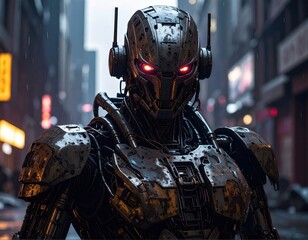 Metallic Robotic Figure with Glowing Red Eyes in a Narrow City Street with Rain Lighting