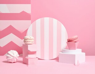 Pastel Pink Dessert Display with Geometric Shapes and Sweet Treats