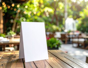 Blank White Sign on Wooden Table with Blurred Cafe Background in Natural Light