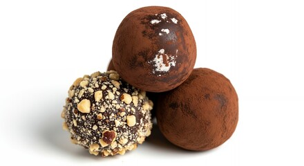 Pile of assorted chocolate truffles dusted with cocoa and nuts on a white surface, concept for gourmet dessert, sweet indulgence and confectionery shop promotions
