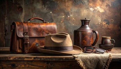 Vintage Still Life Composition Featuring Leather Briefcase Hat and Eyewear on Wooden Surface