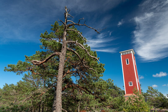 Falun red-painted observation tower on Getaberg, Geta, &Aring;land, &Aring;land Islands, Finland