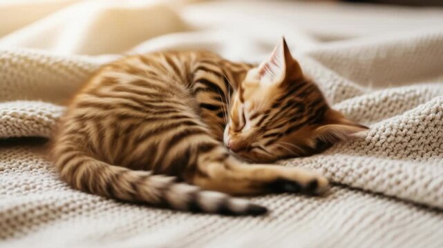 Adorable Bengal Kitten Napping Peacefully on a Cozy Textured Blanket in Warm Sunlight.