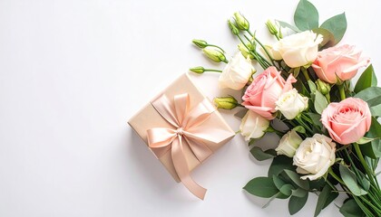 Delicate Pink and White Roses with Gift Box on Bright White Background