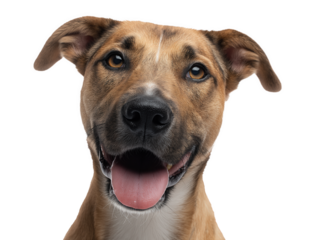 Pet dog, dog face close-up, happy cute smiling pet dog, pet dog portrait, isolated on a transparent background, professional pet photography