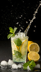 Refreshing Lemon Mint Drink with Ice Splash and Citrus Garnish