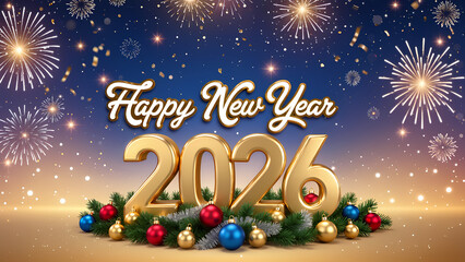 2026 Happy New Year greeting card. Banner with 2026 gold numbers with shining particles, glow light effect and glitter texture