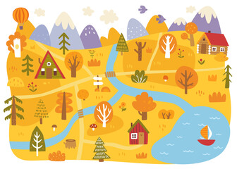 Doodle autumn village map for baby. Cozy autumn landscape print.