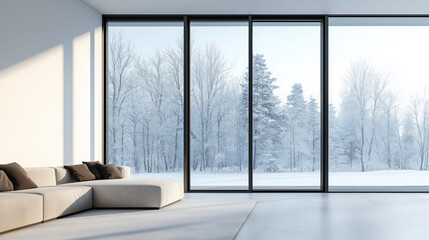 Modern Interior with Large Windows Overlooking Snowy Landscape and Sofa
