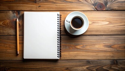 Spiral Notebook Coffee Cup and Pencil on Rustic Wooden Table Top with Overhead View