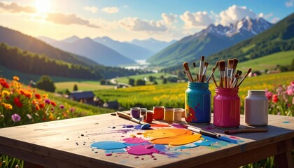 Art Supplies on Wooden Table with Colorful Paint Splatters against Scenic Landscape and Mountains